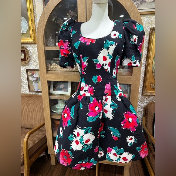80's Victor Costa Vintage Saks Fifth Ave Quilted Puff Floral Print Dress - Picture 3 of 10